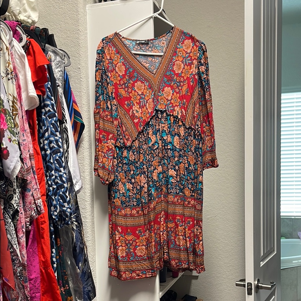 Floral Bohemian Dress - Red and Blue